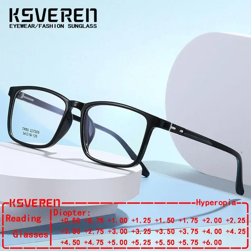 

KSVEREN мужские TR90 квадратные очки для чтения с защитой от синего света, винтажные легкие очки, очки для дальнозоркости, настраиваемые диоптрии