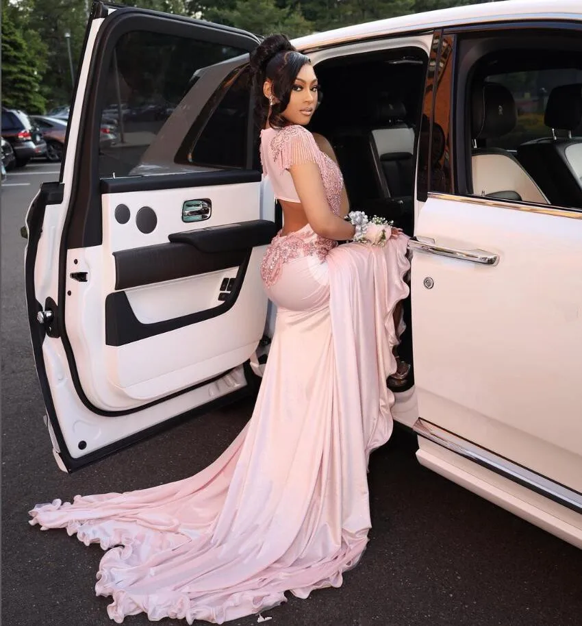 Peach Pink Mermaid Sparkly Prom Birthday Dresses Luxury Tassel Crystal Chapel Train Evening Ceremony Party Gown black girl