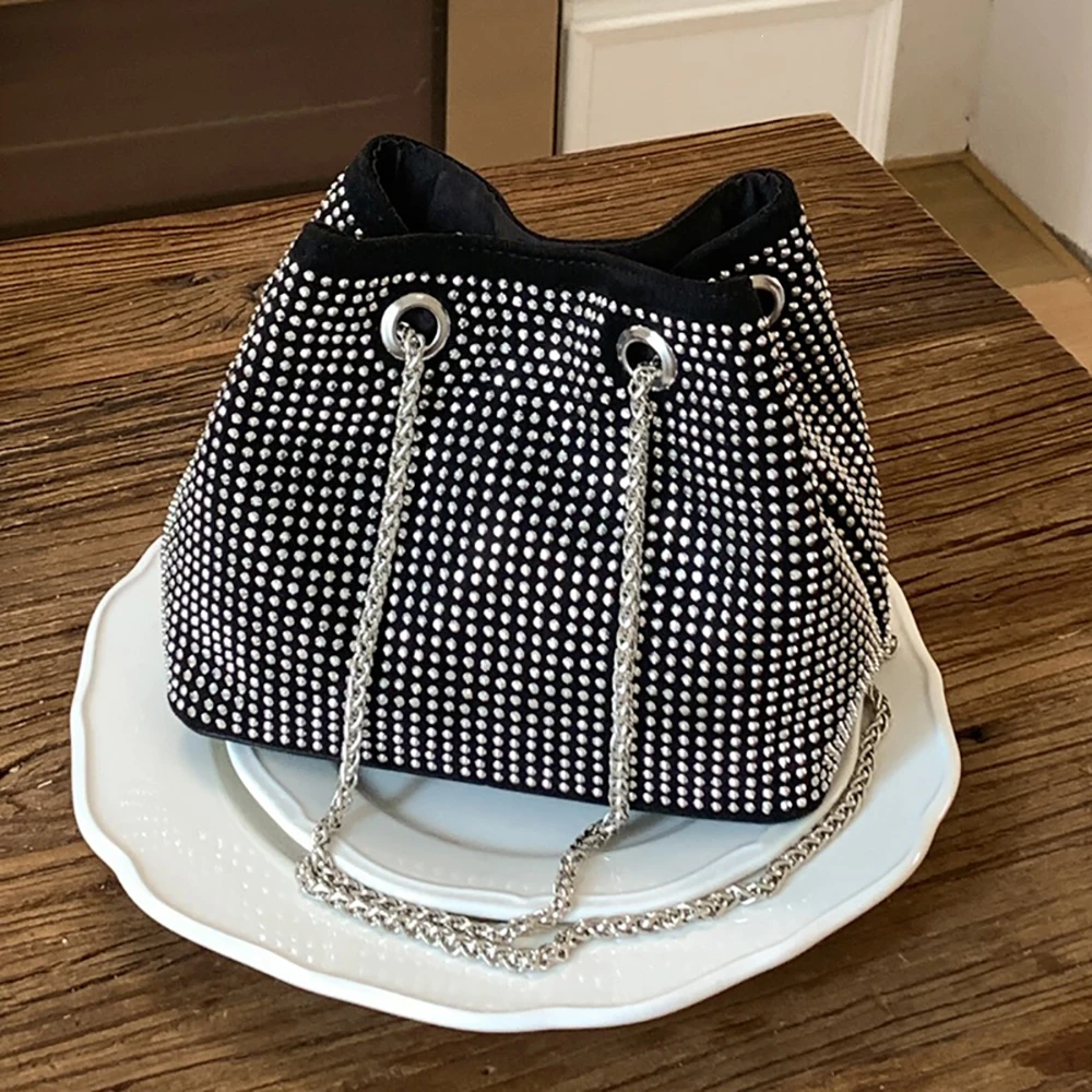 

Women's Fashion Diamonds Chain Crossbody Bag Small Buckle Shiny Soft Bucket Bags Party Versatile All-Match Single Shoulder Bags
