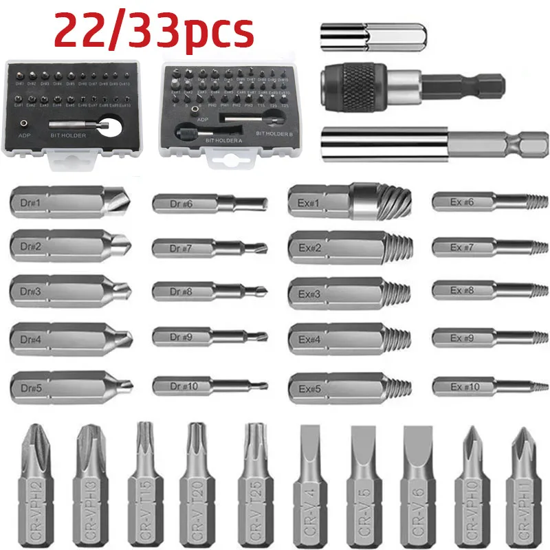 

22/33 шт., набор сверл для извлечения поврежденных винтов, набор сверл для извлечения винтов, набор инструментов для удаления с пластиковой коробкой для хранения
