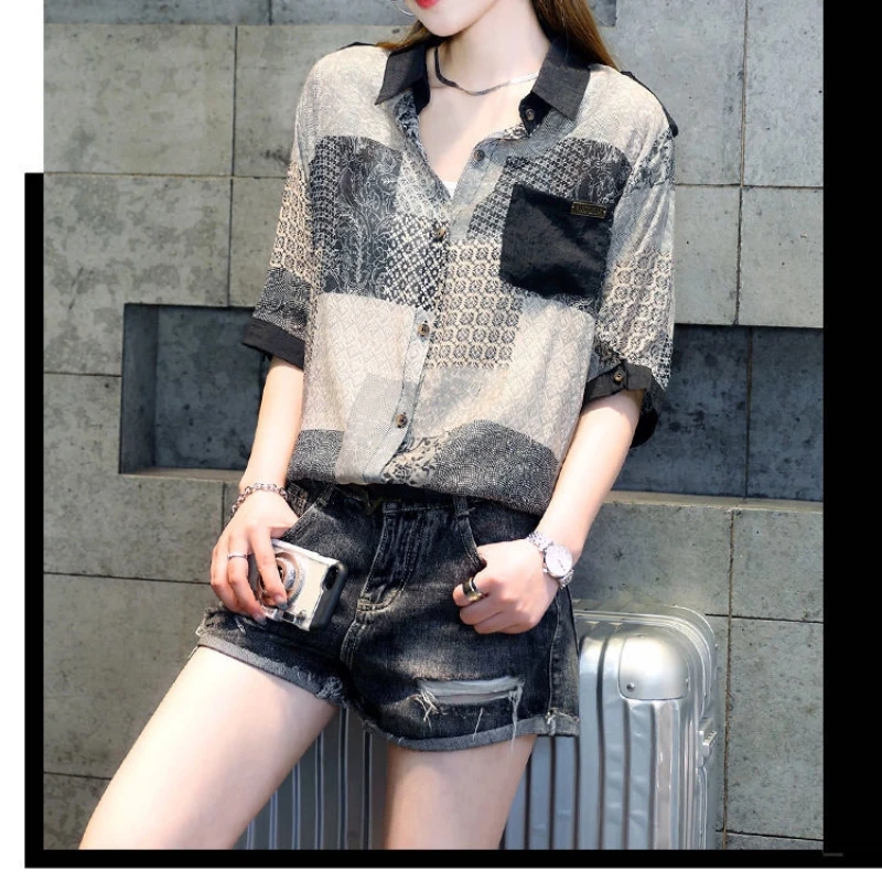 

Print Vintage Polo Neck Plus Size Blouse Summer New Short Sleeve Contrast Street Casual Shirt Tops Fashion Casual Women Clothing