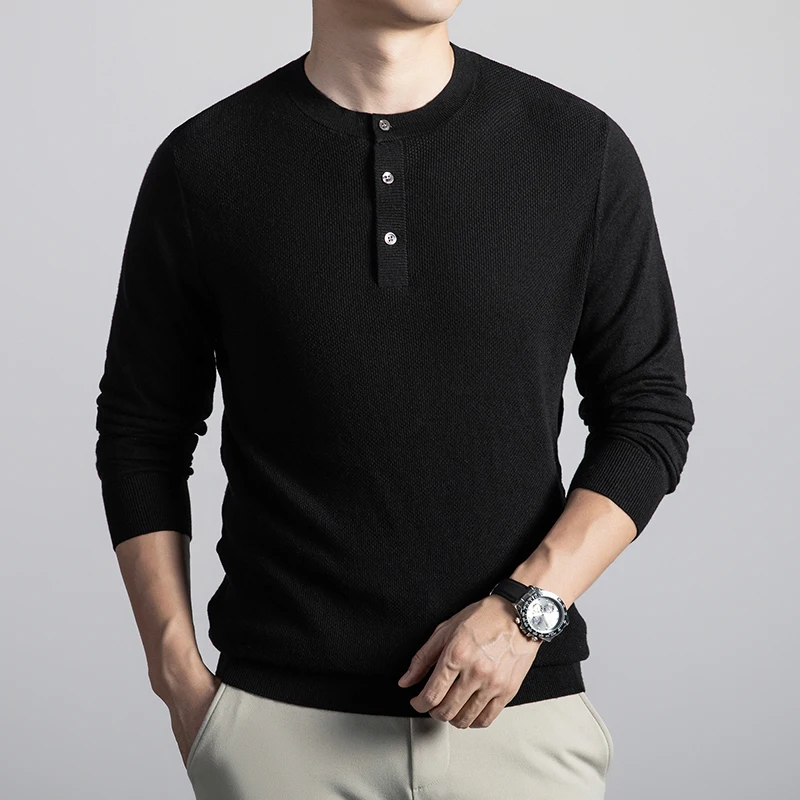 الرجال العصرية هنري طوق سترة 2025 الخريف الشتاء ليوسيل متماسكة الملابس أزرار الموضة الصوف مزيج تريكو البلوفرات البلوزات