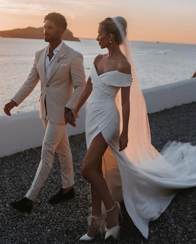

Sexy Off The Shoulder Mermaid Wedding Dress 2025 Cap Sleeve Front Split Soft Satin Modern Beach Bridal Gowns Vestidos De Noiva