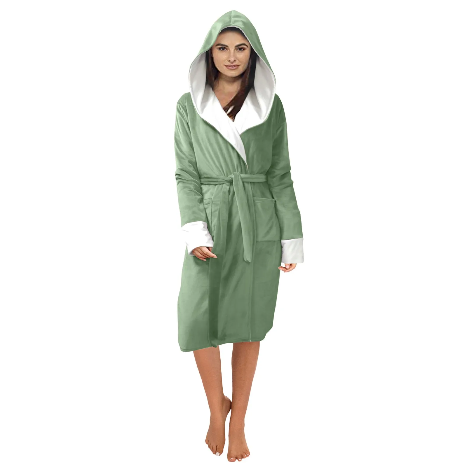 Women's Home Robe Wearing Nightwear Fleece Bathrobe Ladies Dressing Gown Long Hooded Sleepwear Soft Fluffy Pajamas Loose Relaxed