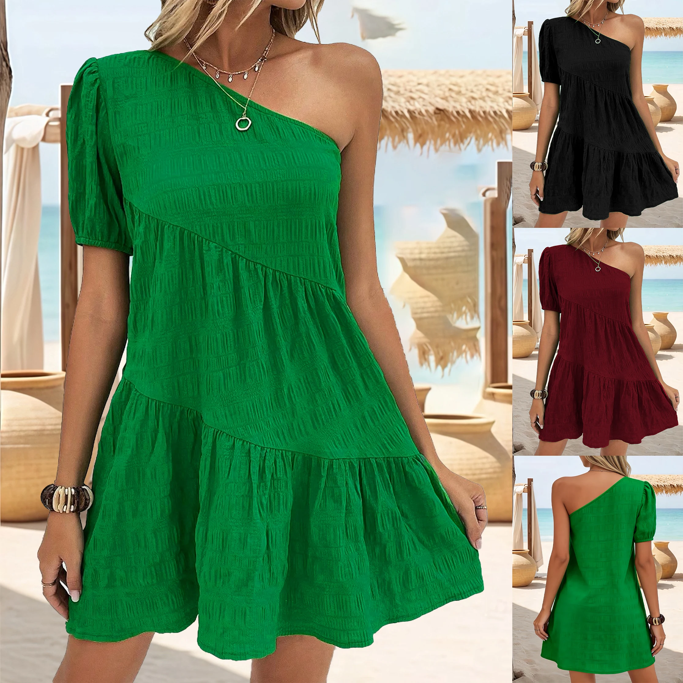 

Elegant Solid Color Off-Shoulder Woven Jacquard Plus Size Summer Dress for Women