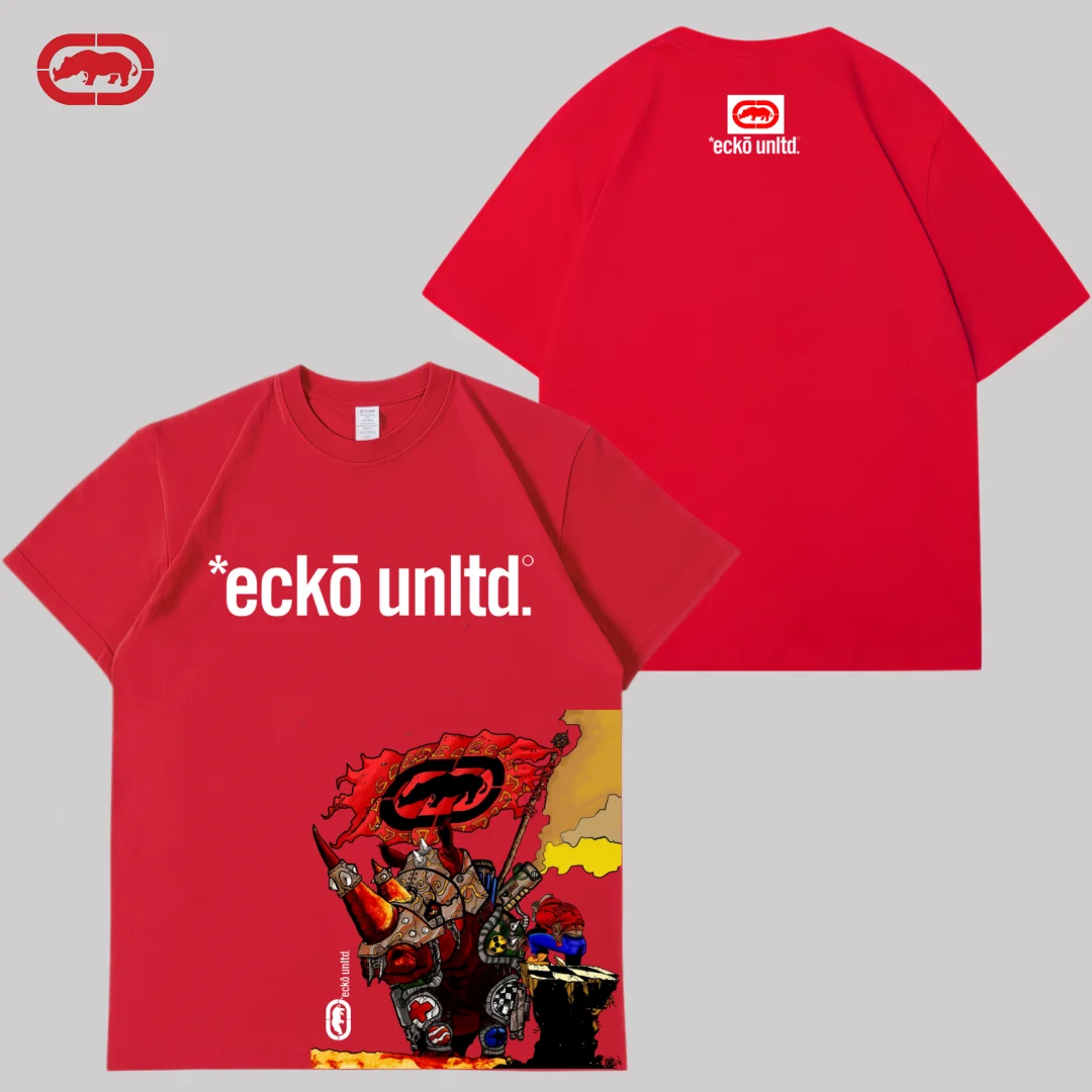 ECKO 2026 American Trendy New Red Rhino Front and Rear Pattern T-shirt, Men's and Women's Street Fashion Pure Cotton Hip Hop Rap