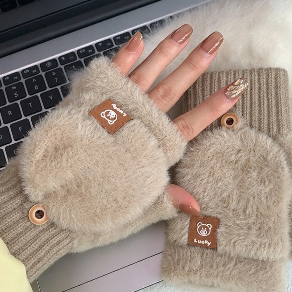 Korean Style Soft Plush Flip Cover Gloves Fuzzy Warm Half Finger Gloves Cartoon Touch Screen Convertible Mittens Outdoor