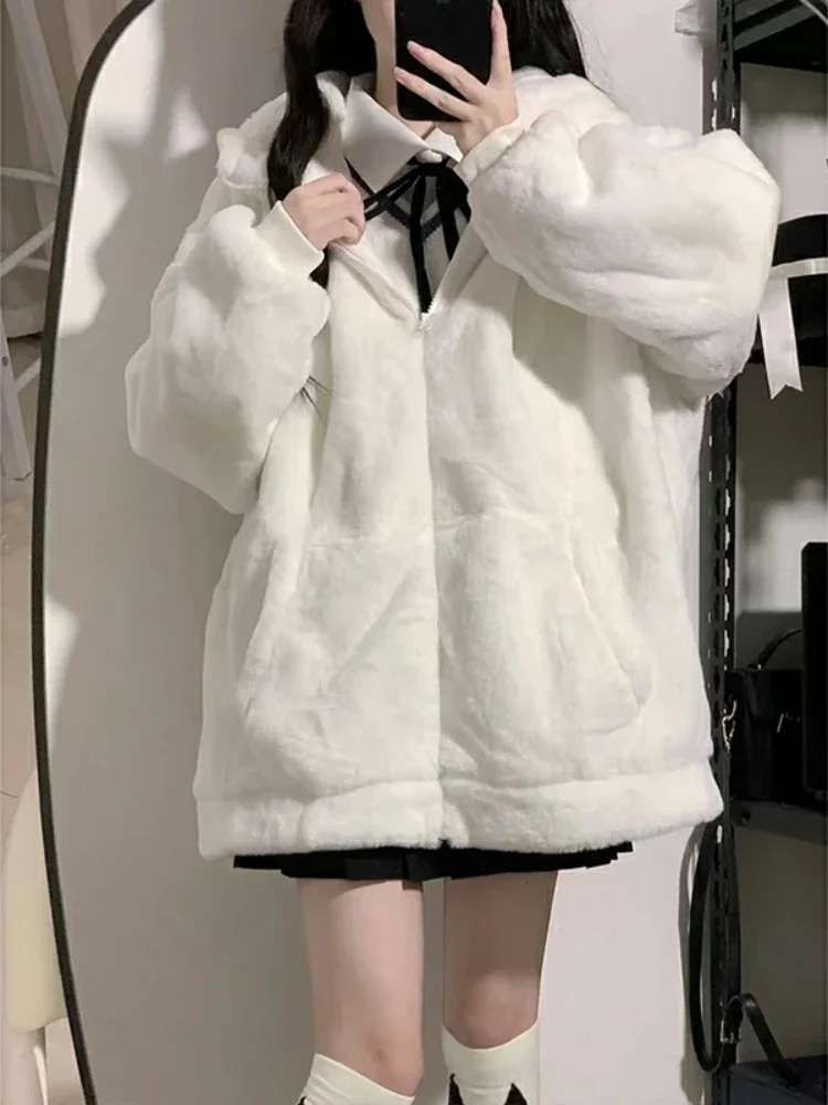 White Hoodies Women Baggy Hooded Sweet Kawaii Clothes Korean Fashion Pure Minimalist Preppy Cozy Front Pockets Zip-Up Girlish