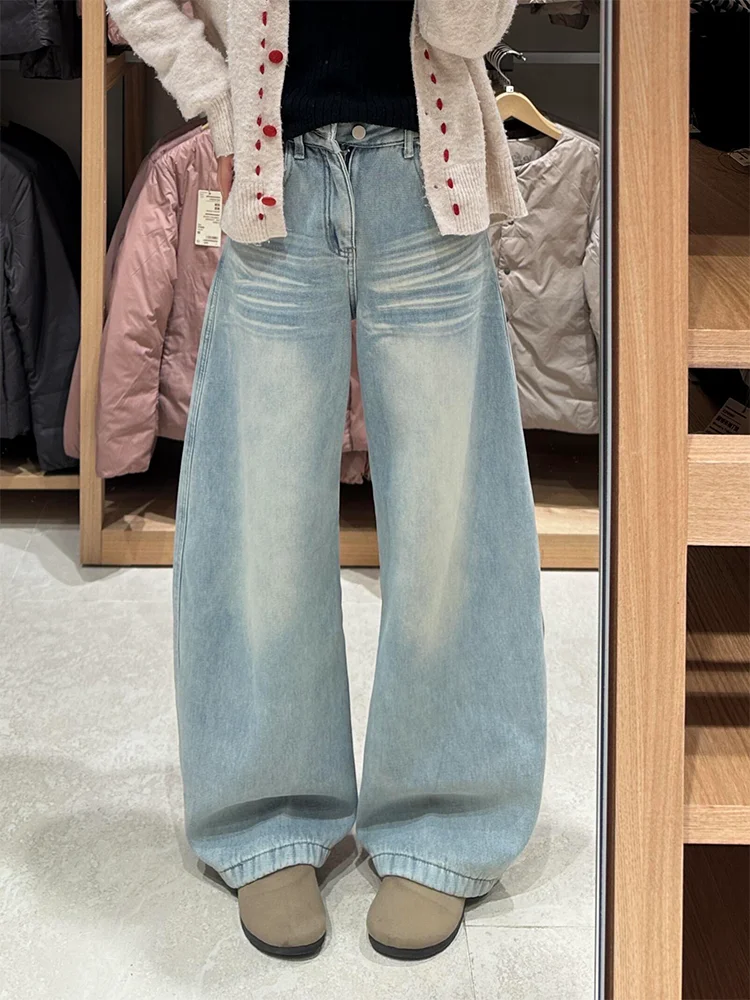 

Loose Straight Leg Blue Whisker Denim Jeans Women High Waist Wide Leg Pants Vintage Washed Autumn Winter Casual Trousers