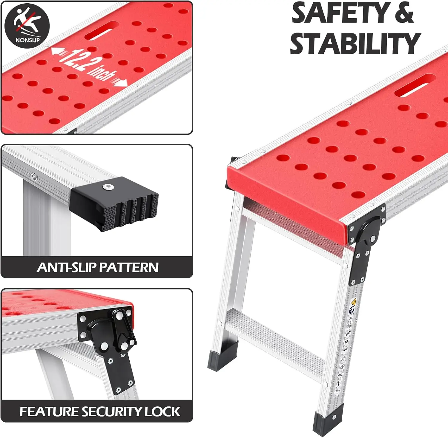 Folding Work Platform Adjustable Step Ladder with Anti-Slip Feet Cover Lightweight Stepladder with Safety Lock for Home Office