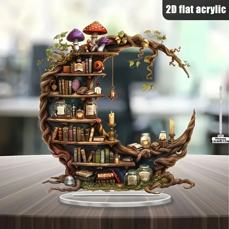1 Bohemian Moon Shaped Crystal Bookshelf Acrylic Desktop Decoration, Hanging Books and Fairy Lights, Home Decoration, 2D Flat