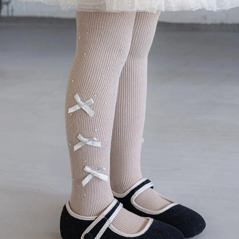Adorable Kids Girls Rhinestone Pantyhose Dense Glitter Rhinestone With Various Bow Decorative Elastic Waistband Dazzling Legwear