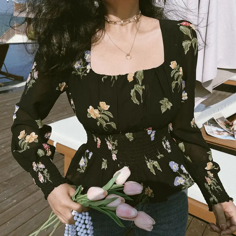 Women Spring Summer New Square Collar Chiffon Pullover Retro Trendy Printing Cinched in the Waist Look Thinner Long Sleeve Tops