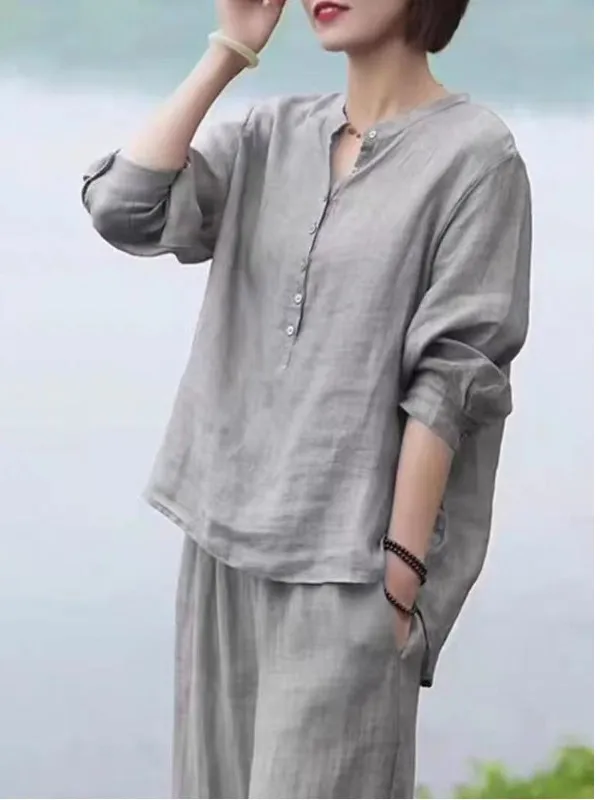 طقم ريترو زن من القطن والكتان irt طقم نسائي صيفي رقيق من Seven Sve بنطال ذو قصة أرجل واسعة مكون من قطعتين مريح للتنفس