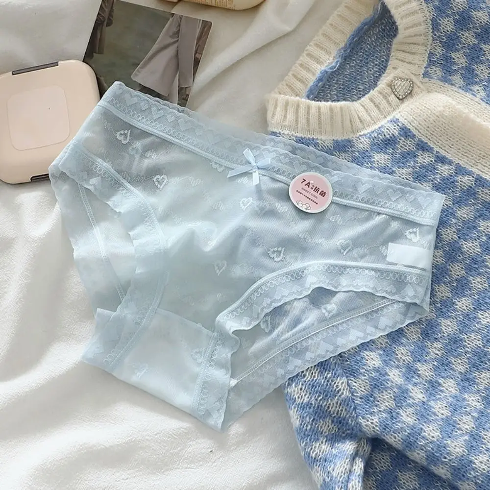 5 個メッシュ透明レースちょう結びパンティー薄い綿股シームレスブリーフミッドウエストパンツ下着女性のための