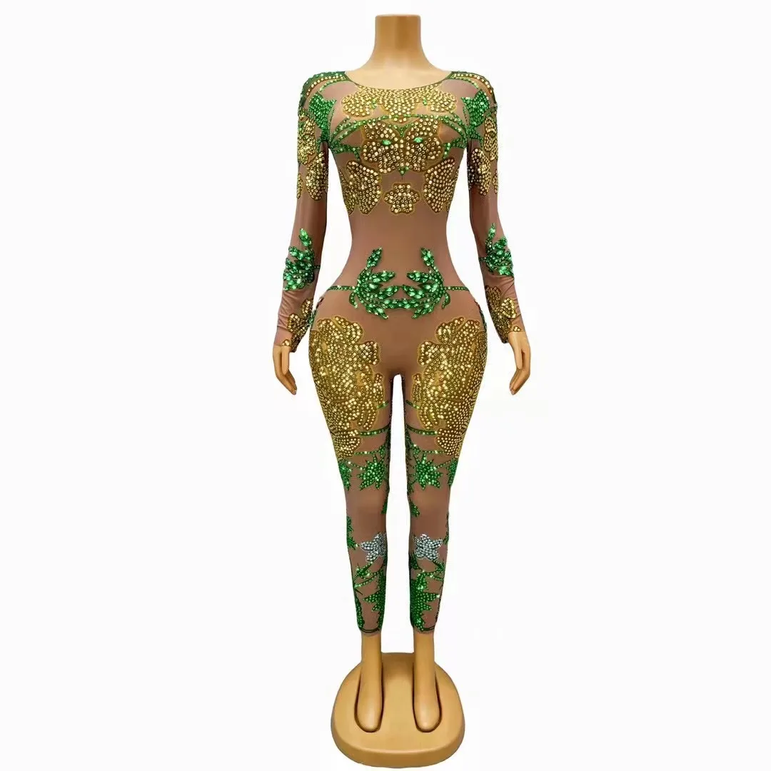 Sexy Sparkly Green Gold Rhinestones Mesh Transparent Jumpsuit Celebrate Party Birthday Dress Dancer Show Rompers Stage Wear