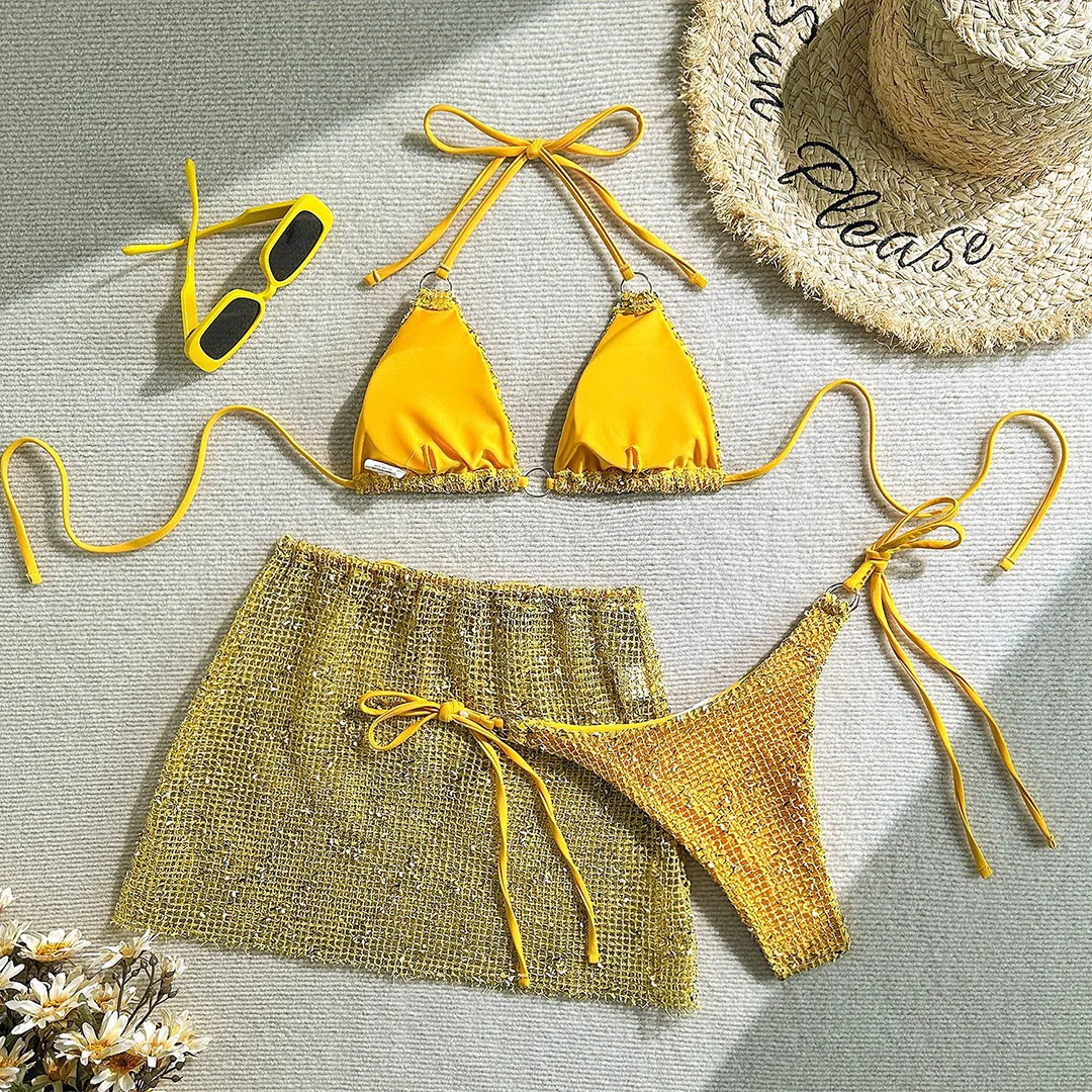9 Farben Sexy Neckholder-Bikini Damen-Badebekleidung Dreiteiliges Bikini-Set mit Rock Badeanzug Badebekleidung V6451C – Detail 33