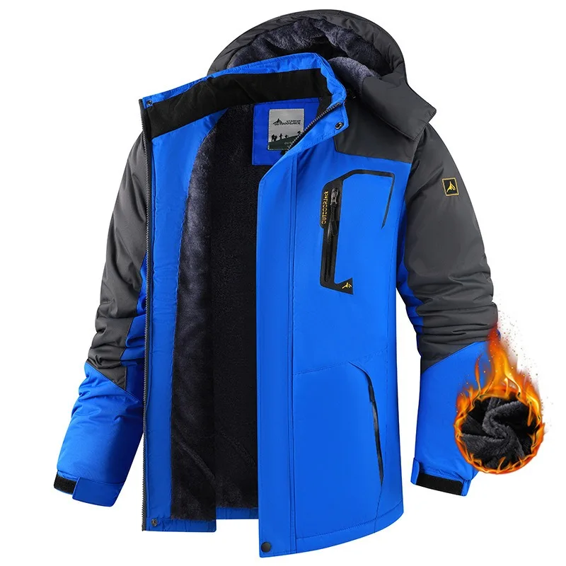 

Winter Parka for Men Windbreak Thicken Fleece Hooded Warm Fashion Jacket Coats Skiing Contrast Color Trendy Outdoor Coat