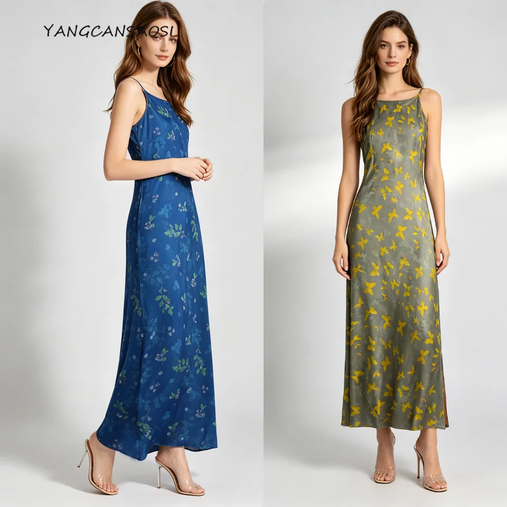 Women's Fashion Summer New 100% Natural Mulberry Silk Weaving Gold Fragrant Cloud Yarn Slant Cutting Slimming Split Party Dress