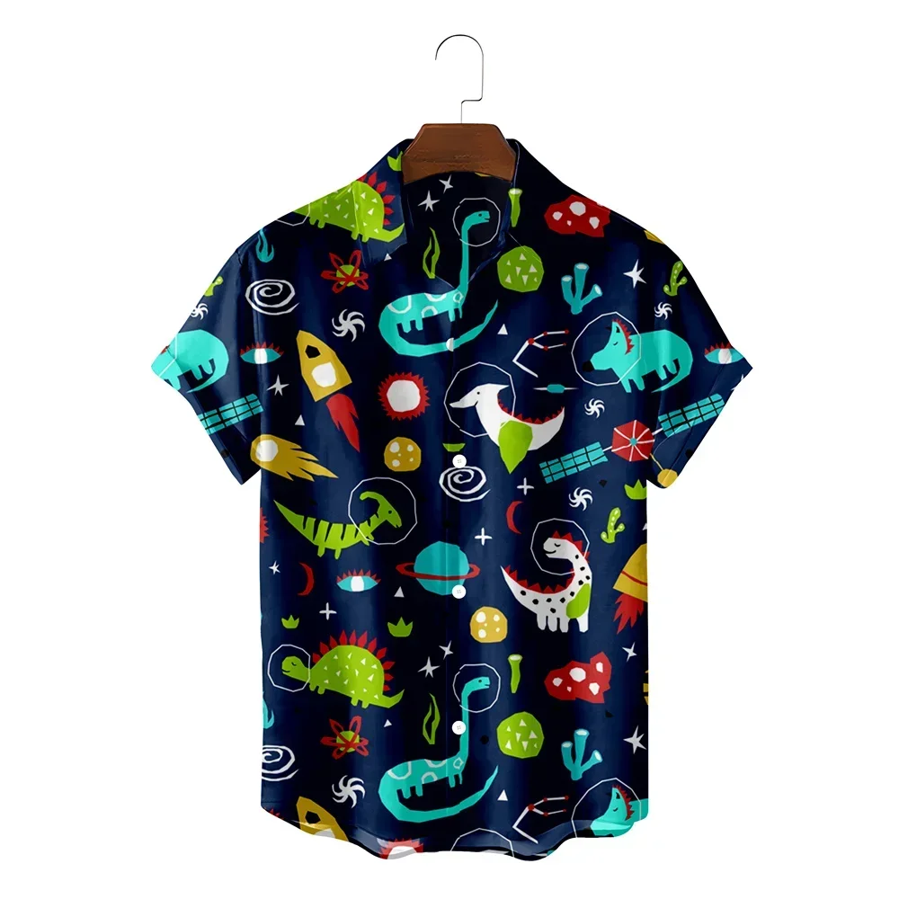 Healing Cartoon Dinosaur Creative Print Men's Casual Age Reduction Parent-child Versatile Lapel Short Sleeved Shirt