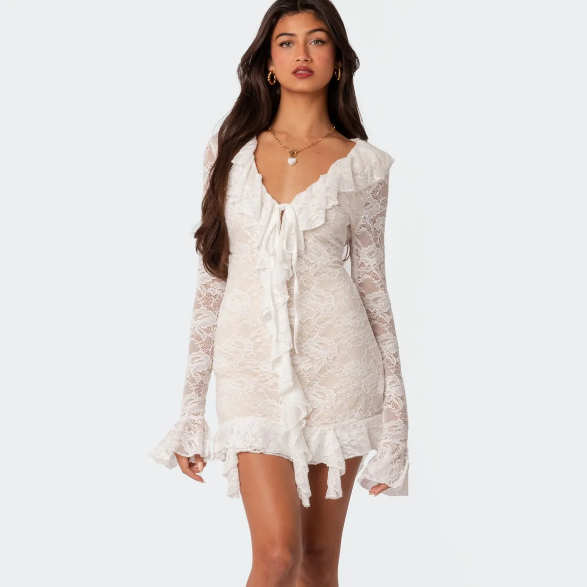 

Gaono Women Sexy See Through Lace Mini Dress Low Cut Long Sleeve Bodycon Short Dress Y2K Fairy Grunge Party Club Dress