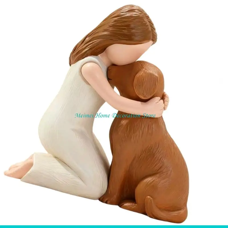 H7BF Unique Girl Embracing Dog Miniature Sculpture Detailed Resin Ornament Home Accent for Dog Enthusiasts Gift Giving