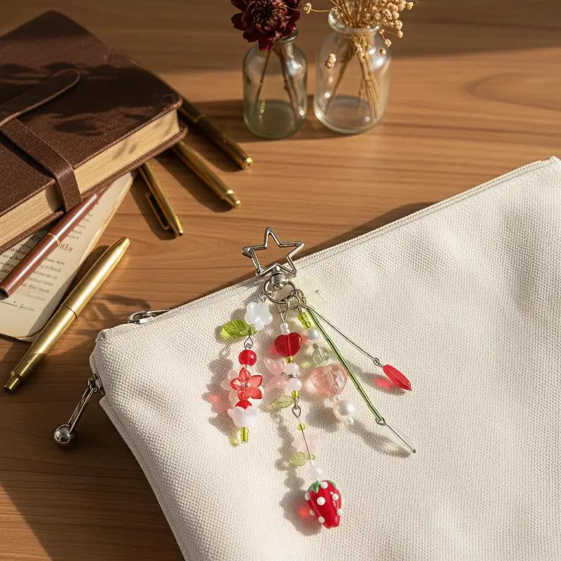 Handgefertigter Erdbeer-Schlüsselanhänger in Tulpenrot, kokett, dekoratives Geschenk, ideal für den täglichen Gebrauch und zum Verschenken. – Detail 4