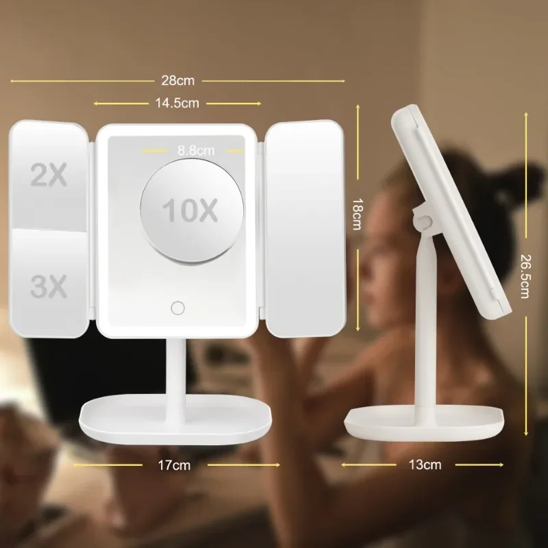 Tri-make-upspiegel met slim complementair invullicht, LED-verlichting, schoonheid in de slaapzaal Verlicht uw driebladige spiegel