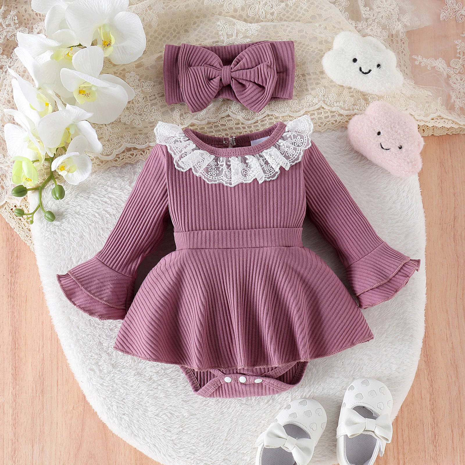 2PCS Autumn New Style For 0-1 Year Old Girls, Comfortable Sweet And Lovely Lace Collar, Long-Sleeved Dress + Hair Band