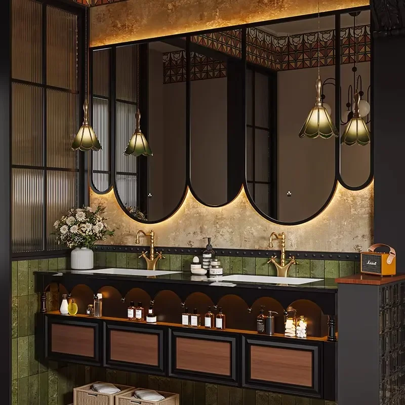 French Vintage Style Bathroom Vanity New Oak Wood Seamless Ceramic Slab Basin Customizable Washbasin for Bathroom Decor