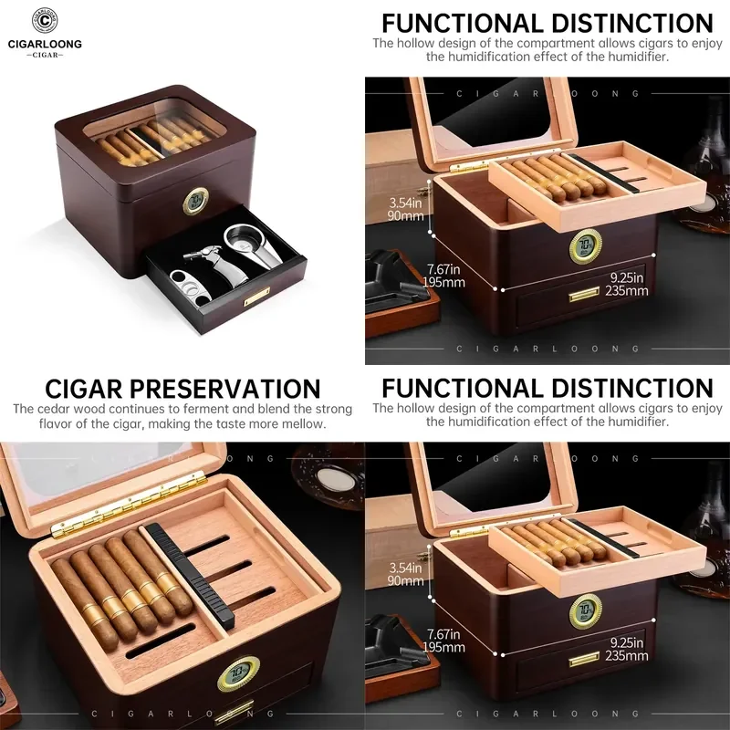 

【CHIMU HOME】 CIGARLOONG Layered Perspective Window Personalized Custom Cigar Humidor Box Wooden Gift Set for Cigar Holder