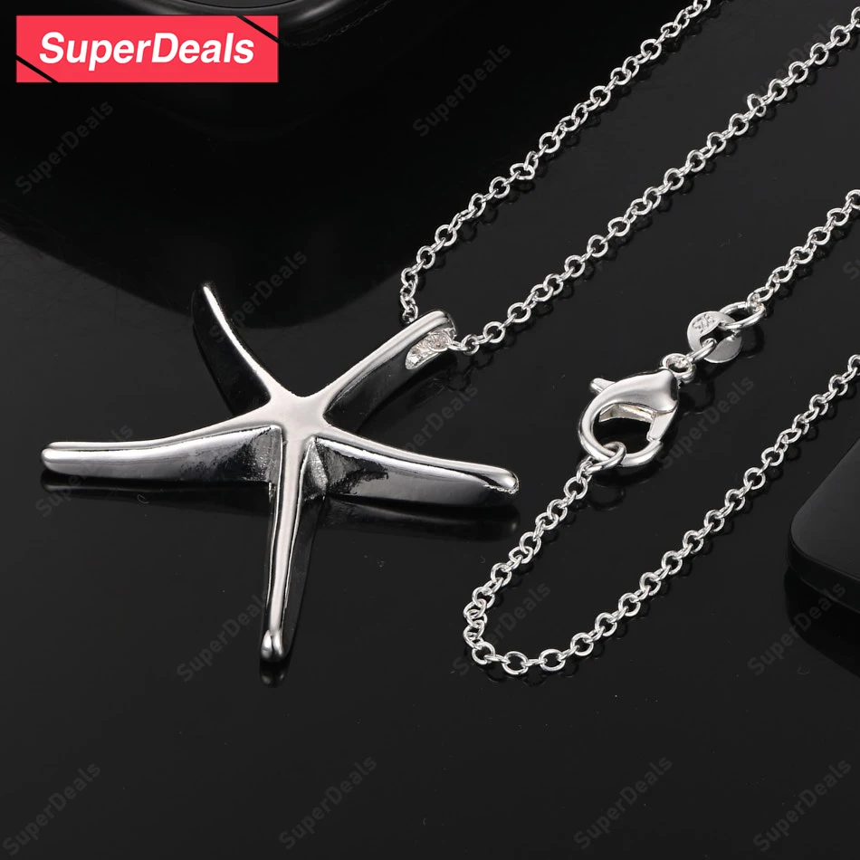 

SuperDeals 16-30 Inch 925 Sterling Silver Starfish Pendant Necklace For Women Engagement Wedding Party Fashion Trend Jewelry