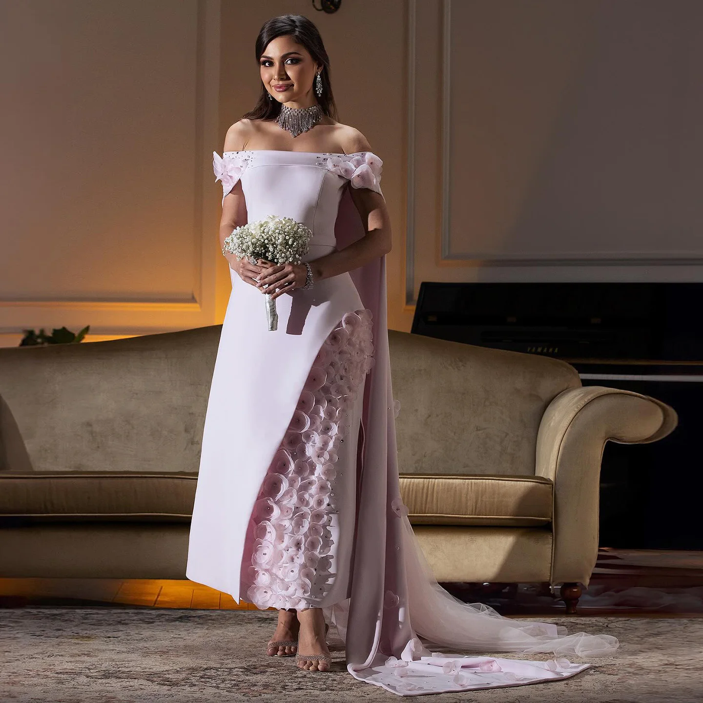 

Sharon Said Off Shoulder Blush Pink 3D Flowers Arabic Evening Dress with Cape Luxury Dubai Women Wedding Party SS281 Customized