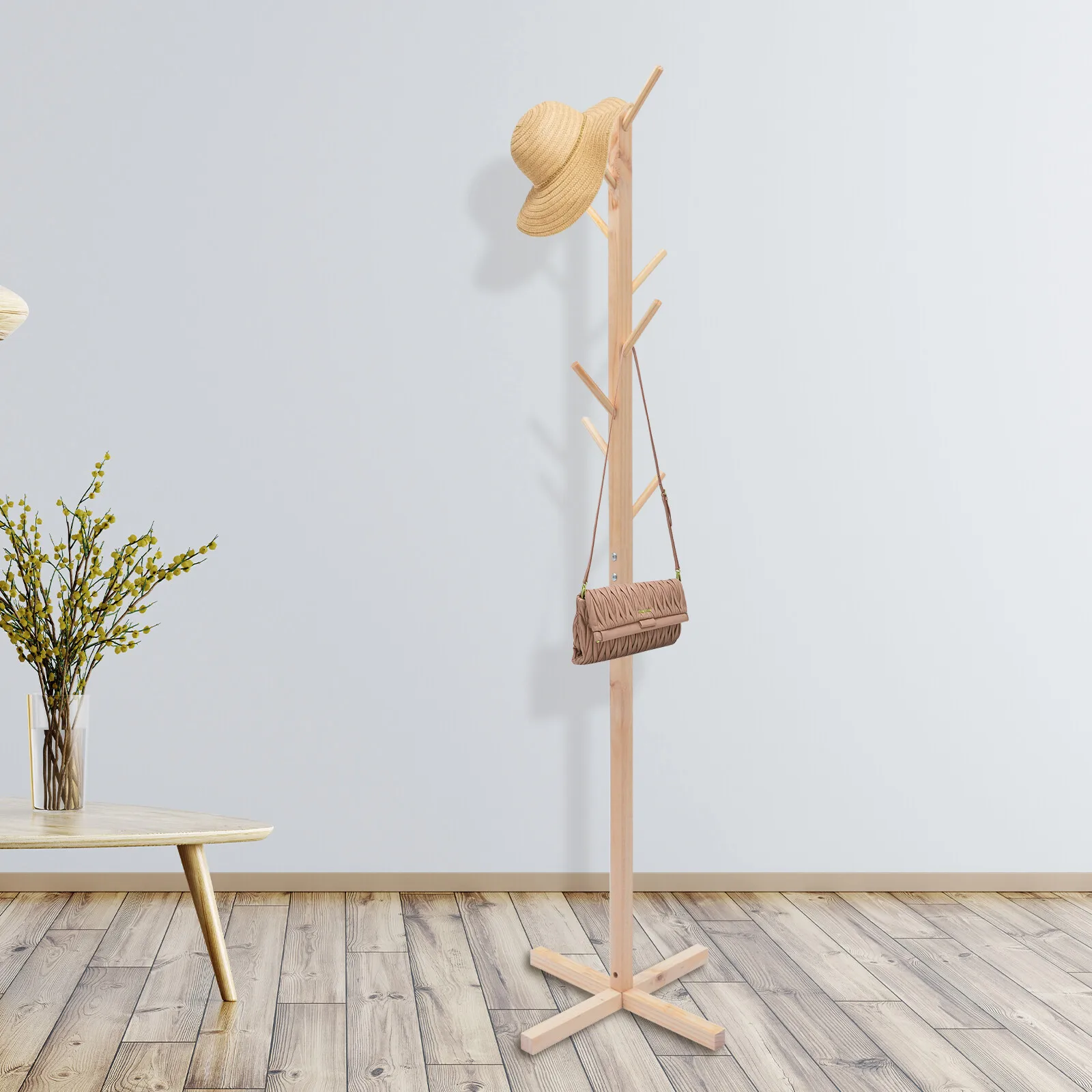 

Freestanding Coat Rack – 8 Staggered Hooks, Pine Wood. Stable Base, Log Color. For Home/Office, Holds Coats/Hats