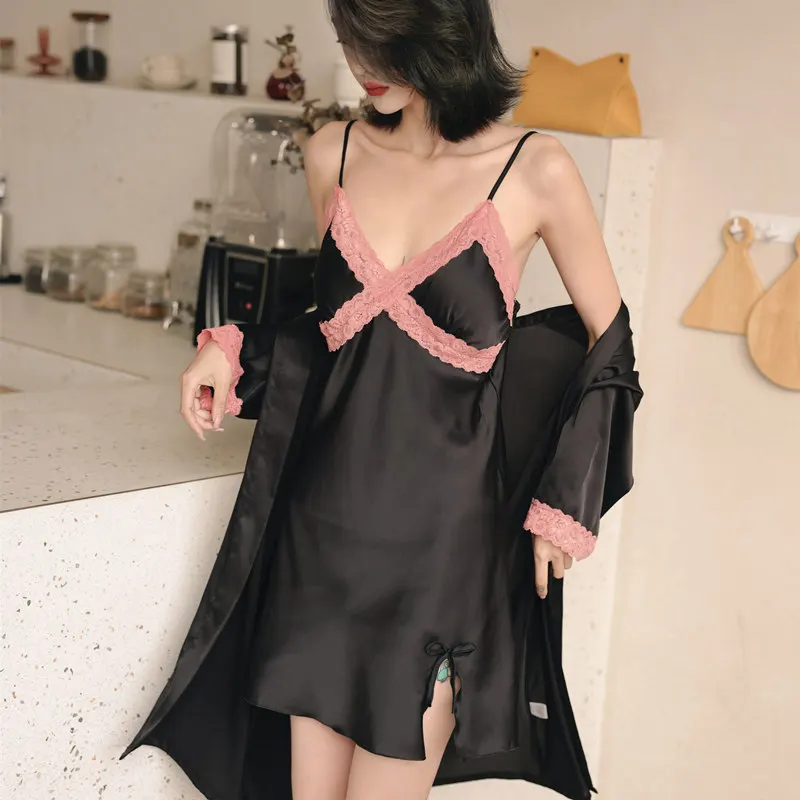 Robe Sexy en Satin et dentelle pour femmes, ensemble 2 pièces, vêtements de maison décontractés, peignoir, Lingerie intime, vêtements de nuit, nouvelle collection été