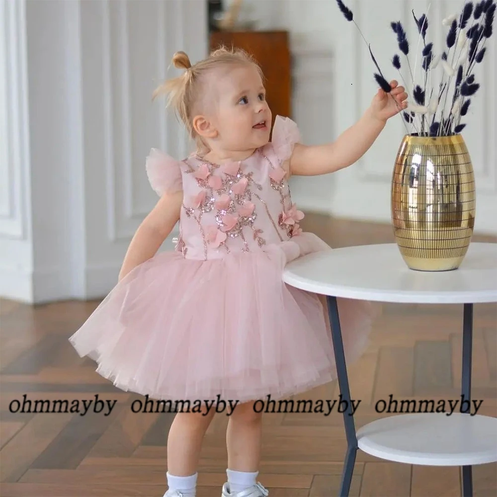 Robe de soirée rose à paillettes pour bébé, mancherons à fleurs, ligne A, tulle moelleux, robes d\'anniversaire, robes de soirée d\'été, nouveau, 2024