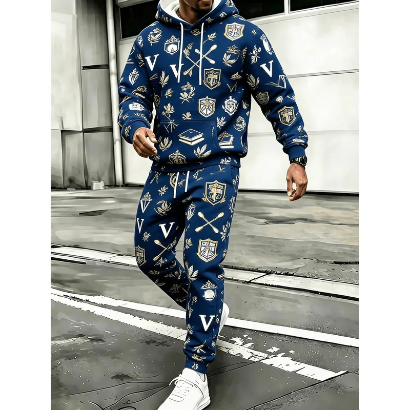 Men Navy Blue Vintage College Crest Emblem Full Print Hoodie 2Pcs Set Hooded Sweatshirt Ankle Cuff Joggers Casual Tracksuit