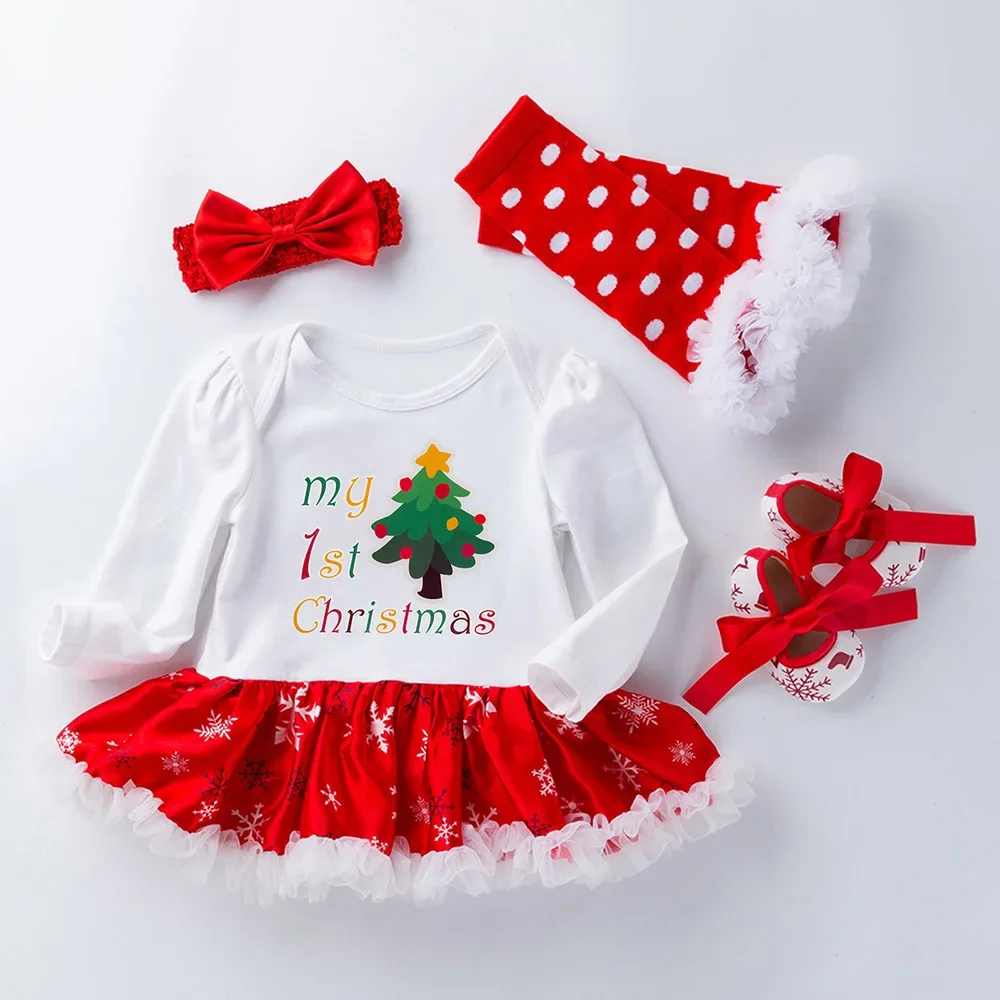 My First Christmas Baby Girls Outfits Deer Romper Dress + Shoes +Headband Newborns New Year Girls Clothes Sets