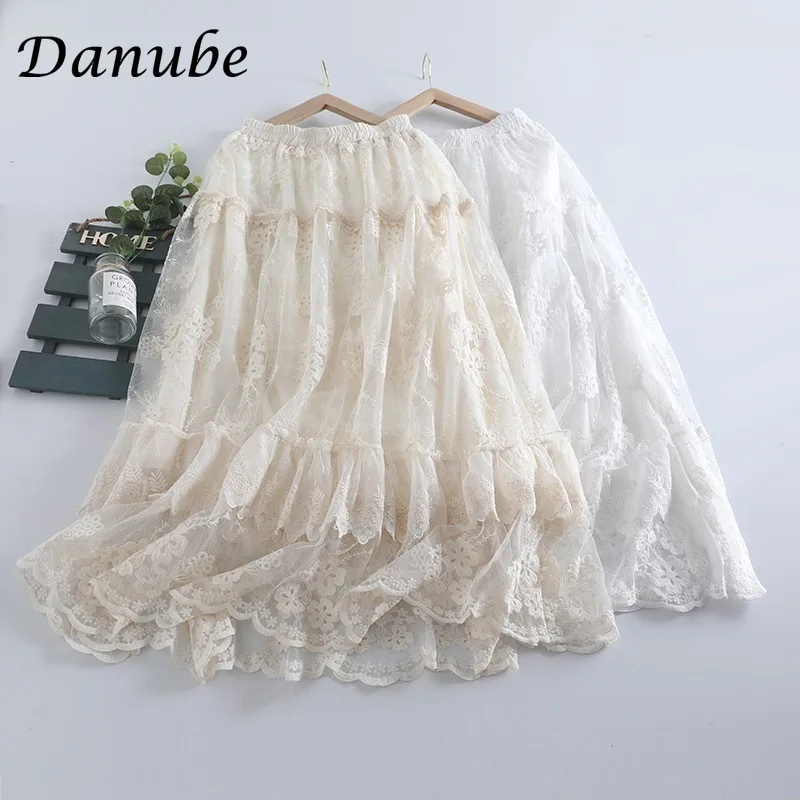 Vintage Mori Lace Tulle Skirt for Women Spring Summer Japanese Elegant High Waist Puffy Cake Tutu Skirt faldas largas para mujer