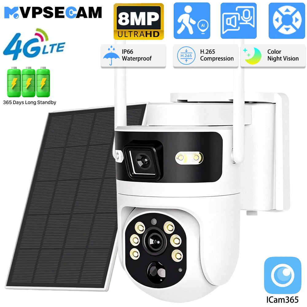

8MP 4K 4G SIM Card PTZ IP Camera Record Built-in Battery Dual Lens Solar Outdoor Camera Solar Panel P2P ICam365 PIR Detection