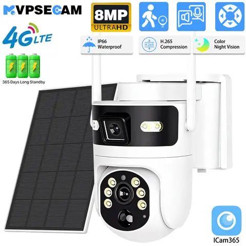 8MP 4K 4G SIM Card PTZ IP Camera Record Built-in Battery Dual Lens Solar Outdoor Camera Solar Panel P2P ICam365 PIR Detection