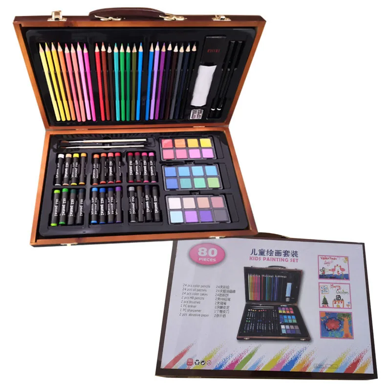 80 Piece Kids Painting Set with Watercolor Cakes, Crayons, Colored Pencils, Oil Pastels, Brushes and Sketch Pad in a Gift Box