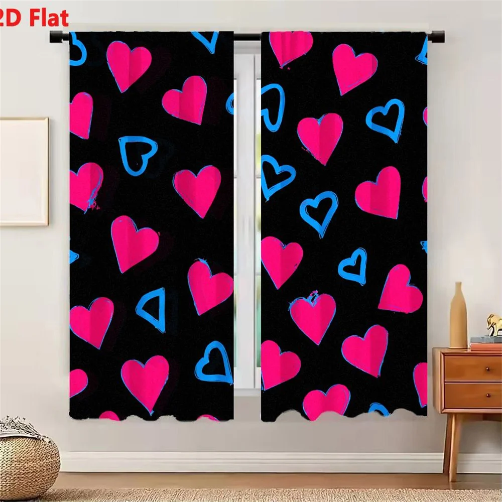 2Pcs Curtains 2D Flat Seamless Pattern With Bright Pink And Blue Hand-Drawn Textured Heart Shapes On Solid Black Background Wind
