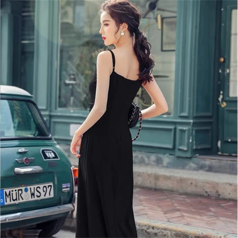 Robe trapèze élégante en Satin noir uni pour femmes, tenue de soirée Sexy, en soie glacée douce, bretelles Spaghetti, été, 2026