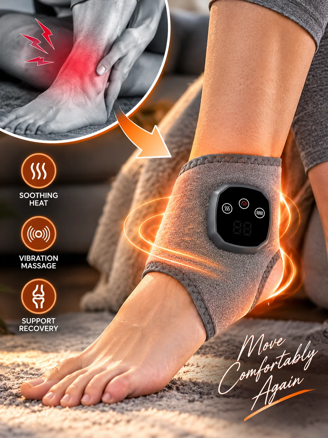 Ankle Massager with Heat and Vibration Electric Heated Ankle Massage Device for Pain Relief Ankle Support Recovery
