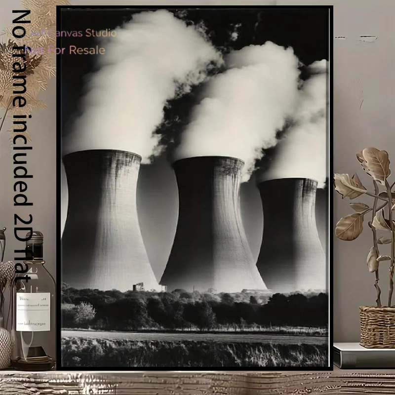 2D Flat, 1pc Modern Industrial Cooling Tower Steam - Vertical Black & White Frameless Canvas Suitable for / Decor, Minimalist