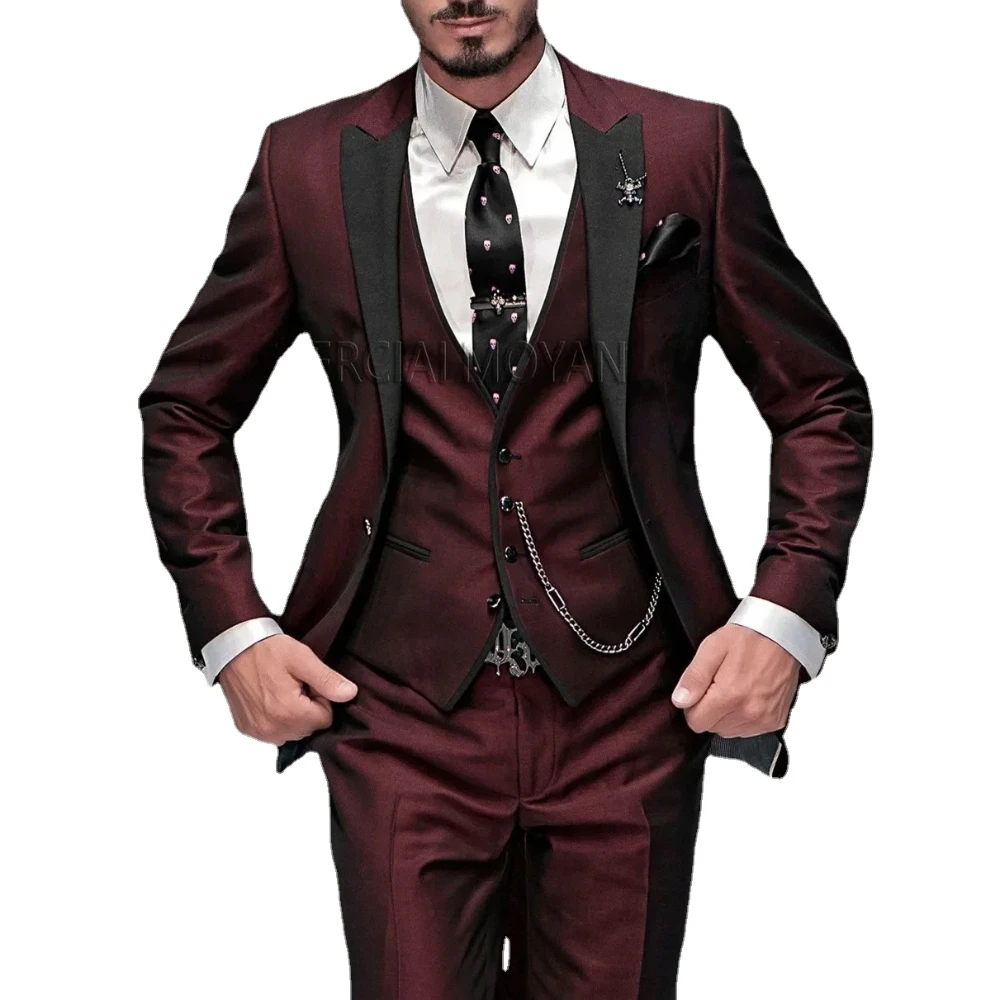 Luxury Peak Lapel Suits for Men 3 Piece Italian Style Wedding Groom Tuxedos Slim Prom Party Costume Homme (Jacket+Pants+Vest)