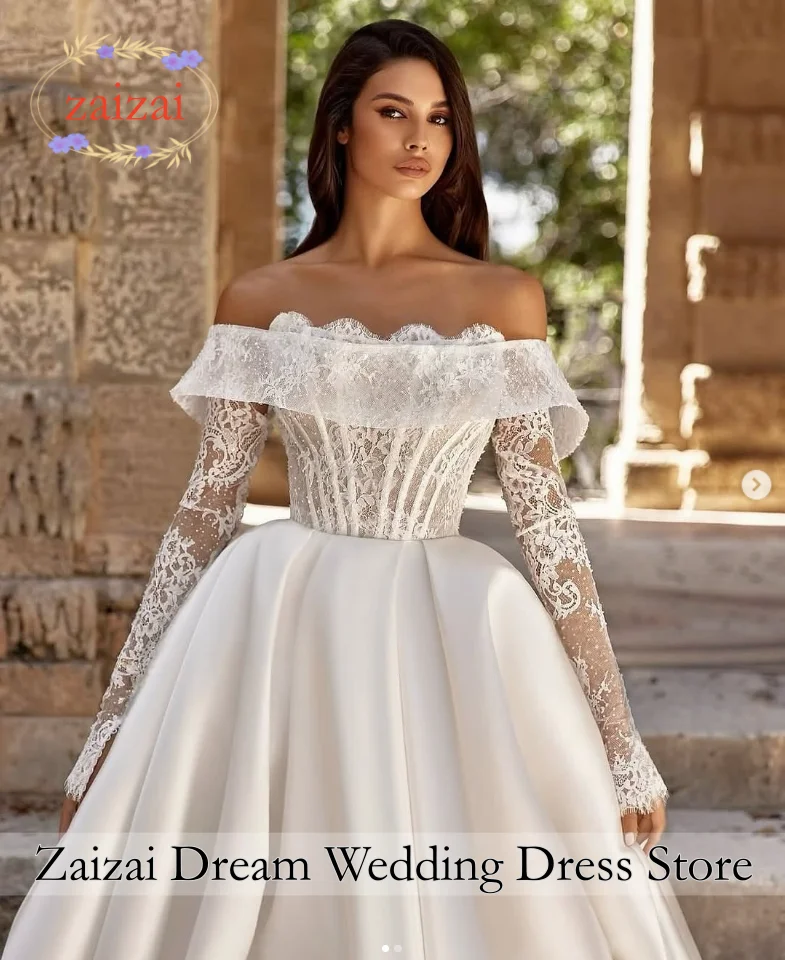 Customized  Exquisite Wedding Dresses Corset White Off Shoulder Lace Long Sleeve Dress Satin Sexy Slit Corset Brides Bridal Gown