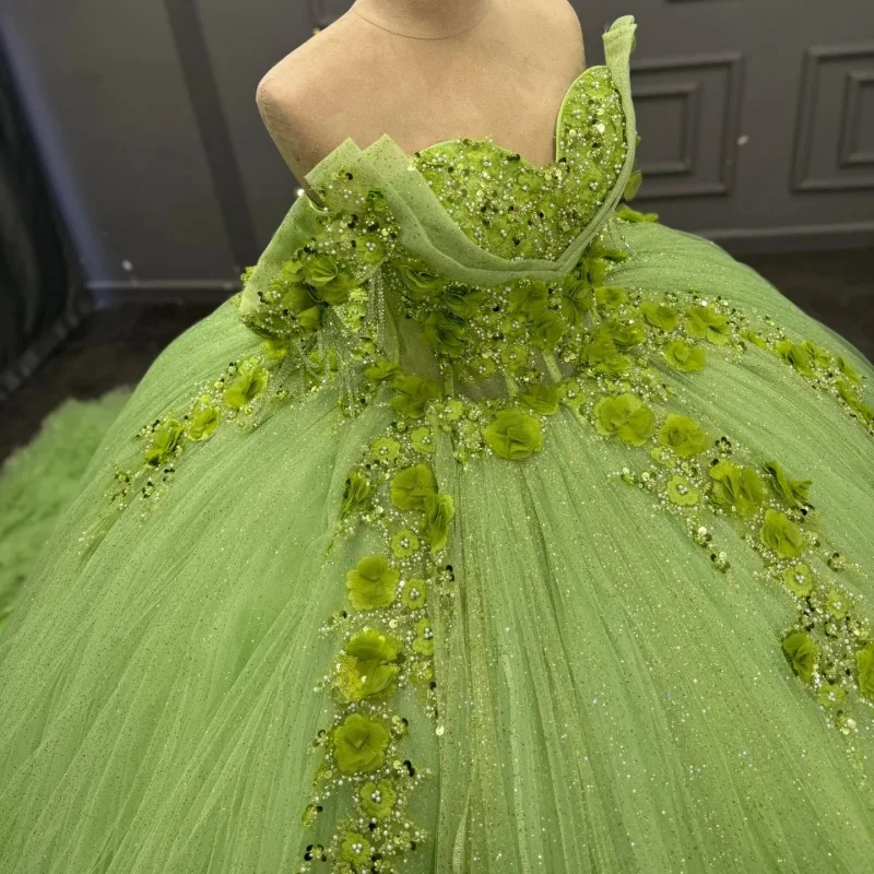 

Shiny Green Quinceanera Dress Crystal 3D Flower Decal off-shoulder Long tail Lace layering Vestidos De 15 Quinceanera ﻿Customiz