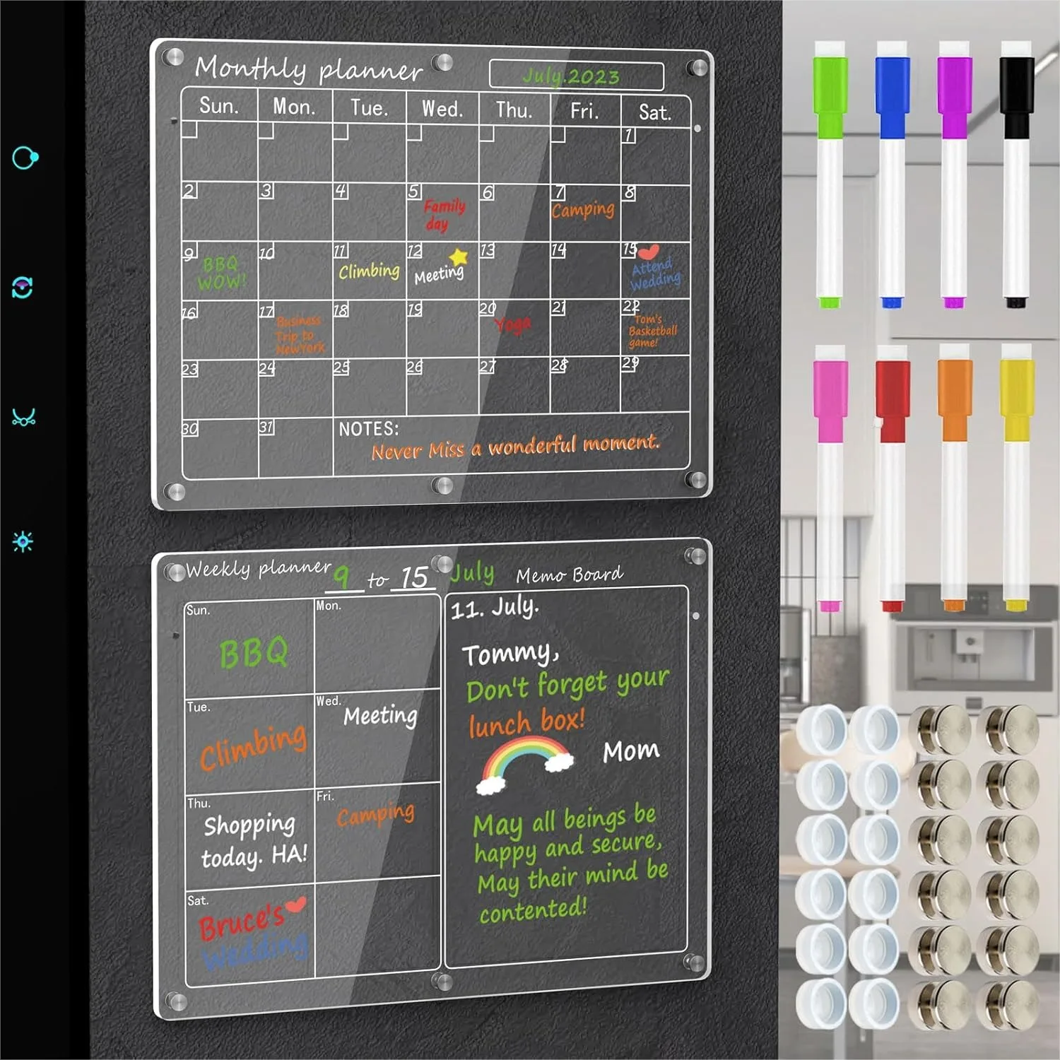 

Acrylic Fridge Calendar 2 Pack 11x15in with 8 Markers, Dry Erase Magnetic Planning Board for Refrigerator, Clear